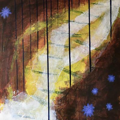 serie 3: 2. WildChicory “Cory climbs Aalto” 50x50cm Acrylic with brush, tape and pallet knife on cotton canvas