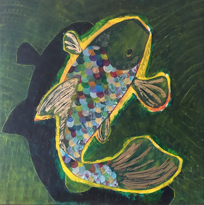 serie 3: 6. Lotus “Lotus gets lost” 50x50cm Acrylic, decorated paper and gold leaf with brush, notched trowel and pallet knife on cotton canvas